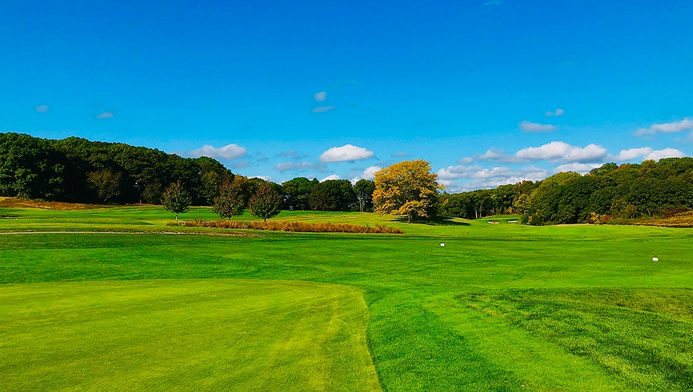Wide open, sun drenched fairway with dense woods in the background