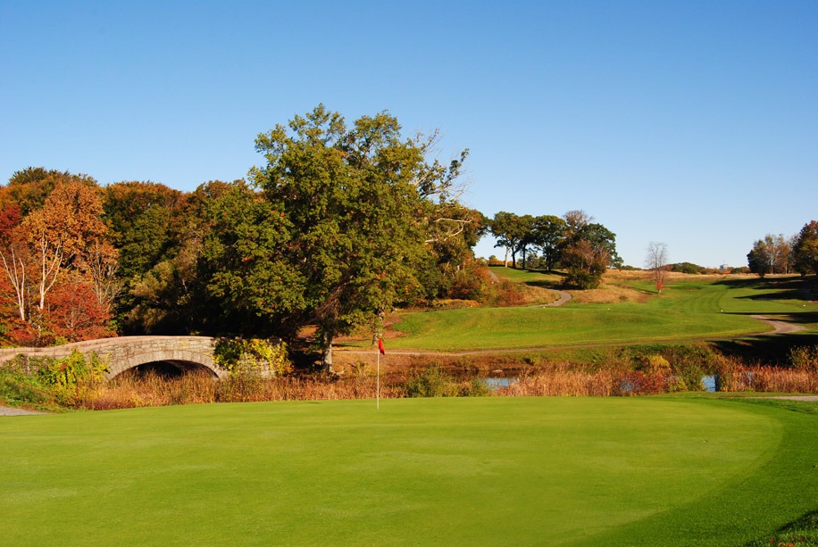 Large, well-manicured green bordered by water with a bridge connecting the green to the next hole.