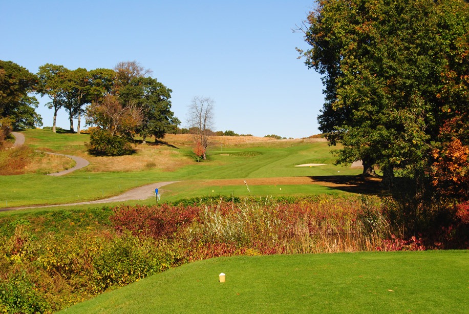 Shrub lined tee box looking out into an uphill fairway.