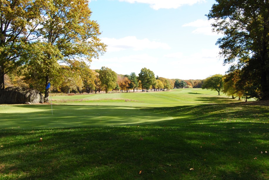 Shade covered green in the foreground with sun drenched fairway beyond.
