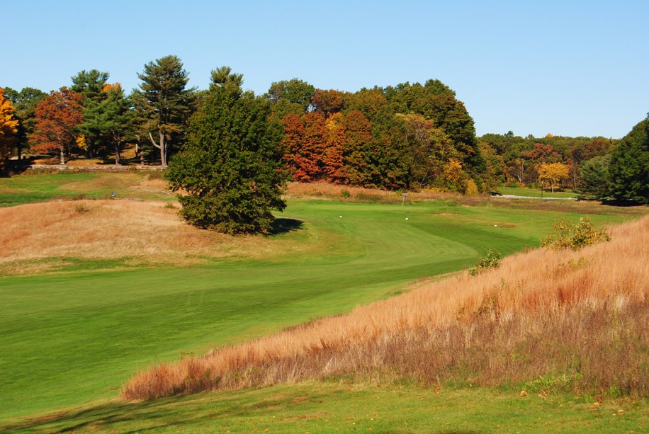 Sun drenched fairway wraps around areas of trees and tall grass.